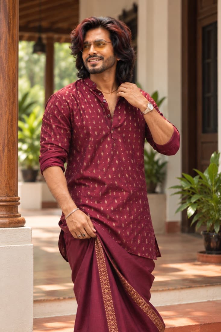 Burgundy kurta on a veranda