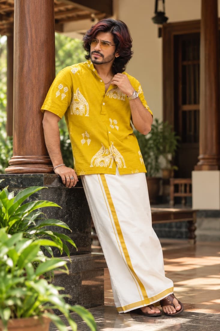 Mustard shirt on a veranda