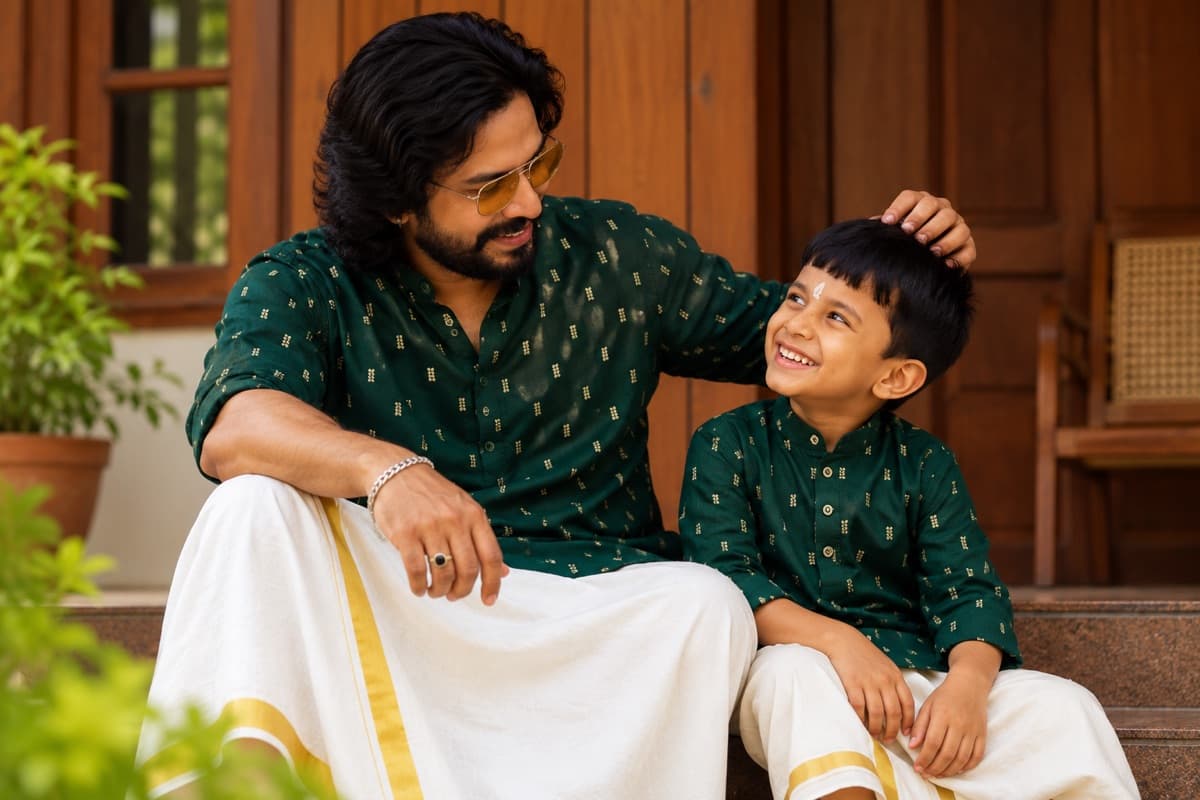 Father and son in green attire